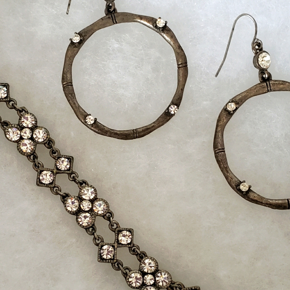 Danish Design Crystal Vintage Goth Mid Evil Hand Made Metal Bracelet Earrings